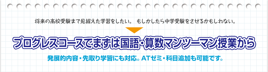 将来の高校受験まで見据えた学習をしたい。 もしかしたら中学受験をさせるかもしれない。→それならプログレスコースでまずは国語プラ・算数プラから!発展的内容・先取り学習にも対応。ゼミ・科目追加も可能です。