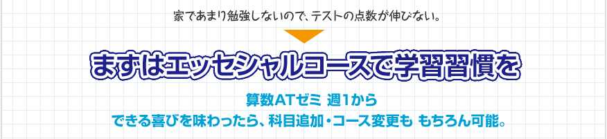 家であまり勉強しないので、テストの点数が伸びない。→まずはエッセシャルコースで学習習慣を!算数ゼミ 週１から!できる喜びを味わったら、科目追加・コース変更も もちろん可能。