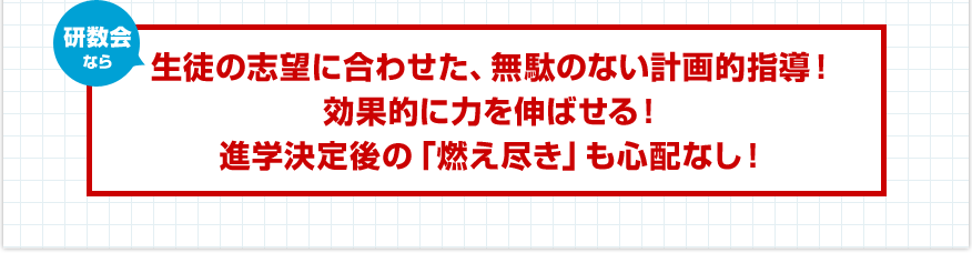 研数会なら生徒の志望に合わせた、無駄のない計画的指導！効果的に力を伸ばせる！進学決定後の「燃え尽き」も心配なし！