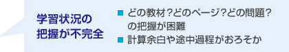 学習状況の把握が不完全:どの教材？どのページ？どの問題？の把握が困難/計算余白や途中過程がおろそか