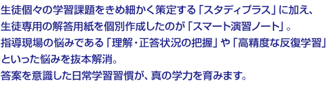 生徒個々の学習課題をきめ細かく策定する「スタディプラス」に加え、生徒専用の解答用紙を個別作成したのが「スマート演習ノート」。指導現場の悩みである「理解・正答状況の把握」や「高精度な反復学習」といった悩みを抜本解消。答案を意識した日常学習習慣が、真の学力を育みます。