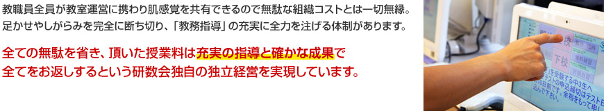 教職員全員が教室運営に携わり肌感覚を共有できるので無駄な組織コストとは一切無縁。足かせやしがらみを完全に断ち切り、「教務指導」の充実に全力を注げる体制があります。全ての無駄を省き、頂いた授業料は充実の指導と確かな成果で全てをお返しするという研数会独自の独立経営を実現しています。